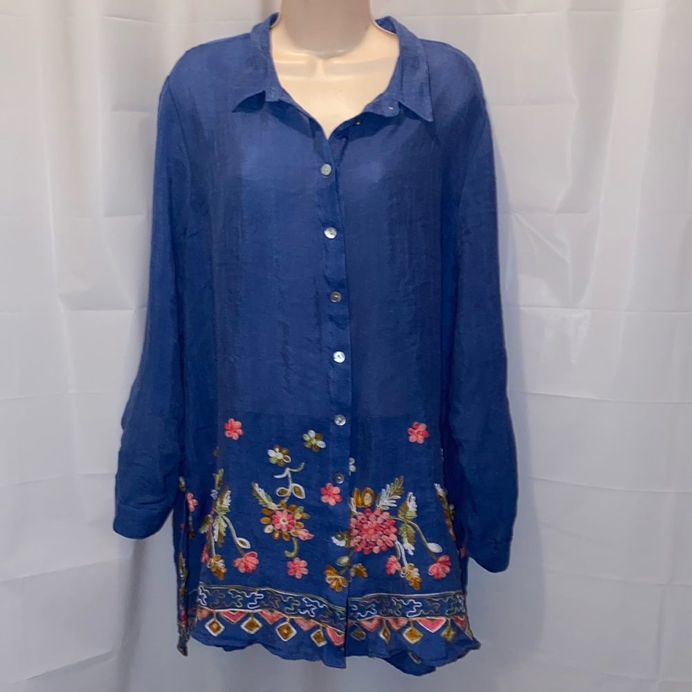 Fig & Flower Anthropologie L/S Blue Floral Embroidered Button Down Blouse XL